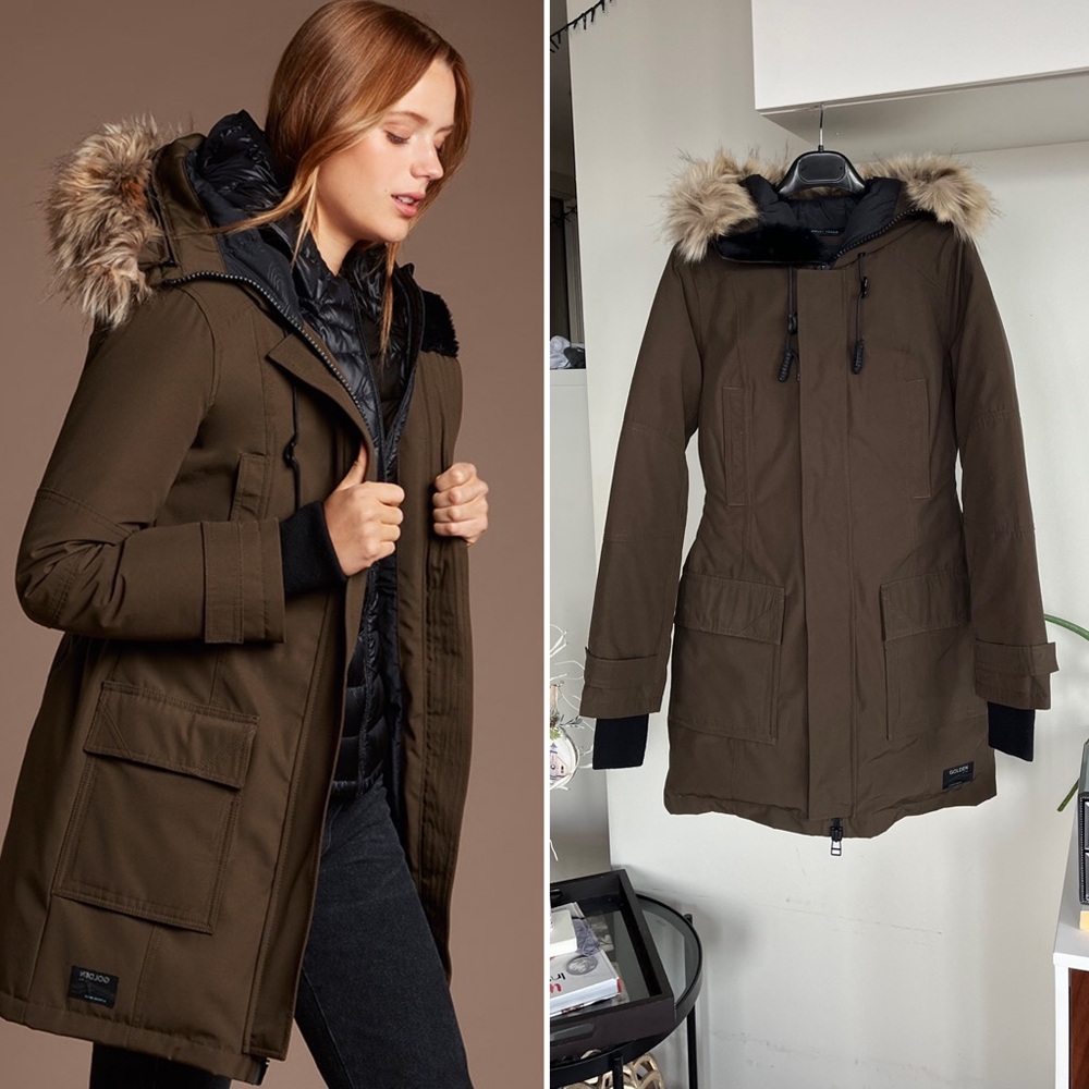 Aritzia Golden by Tna Bancroft Dark Olive Parka with Faux Fur Hood Size XS